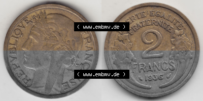 Münze Frankreich Umlaufmünzen Sammlung in PNG 1931-1941, 2 Franken 1936 (Stück 1) LIBERTE EGALITE FRATERNITE (3) - Digitales... Sammlung