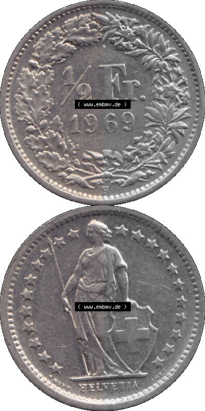 Schweiz in original Farbgebung vom Scanner transparenten PNG 1968-1982, 1/2 (halber) Franken B 1969 (Stück 2) Sammlung
