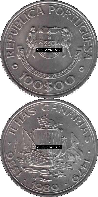 Alte Gedenkmünze aus Portugal als PNG-Grafik 1989, 100 Escudos, Ilhas Canarias Sammlung