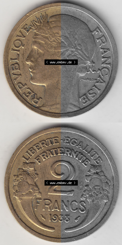 Münze Frankreich Umlaufmünzen Sammlung in PNG 1931-1941, 2 Franken 1938 (Stück 1) LIBERTE EGALITE FRATERNITE (4) - Digitales... Sammlung