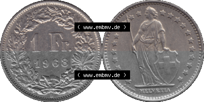 Schweiz in original Farbgebung vom Scanner transparenten PNG 1968-1982, 1 Franken B 1968 (Stück 1) Sammlung