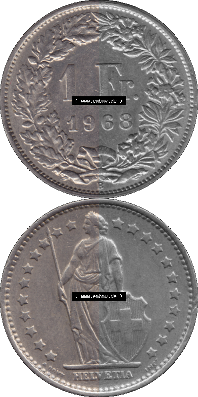 Schweiz in original Farbgebung vom Scanner transparenten PNG 1968-1982, 1 Franken B 1968 (Stück 1) Sammlung