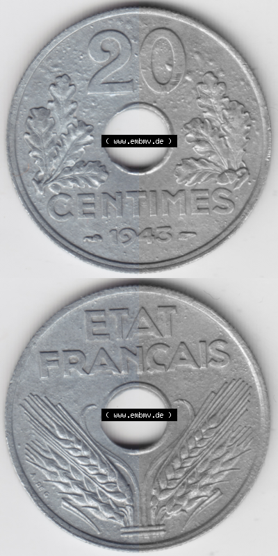 Münze Frankreich Umlaufmünzen Sammlung in PNG 1941-1944, 20 Centimes, Cent 1943 (4) - Digitales Münzen-Bildmaterial einer französischen... Sammlung
