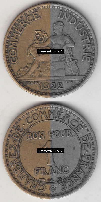 Münze Frankreich Umlaufmünzen Sammlung in PNG 1922-1927, 1 Franken, BON POUR One Franc, 1922 (Stück 2) CHAMBRES DE COMMERCE... Sammlung