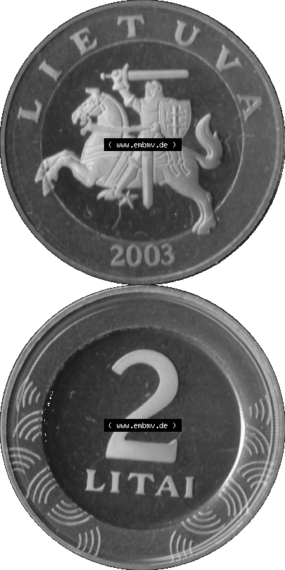Litauen Kursmünzensatz 1998-2014, 2 Litai 2003 (Stück 1) Graustufen, Digitales Bildmaterial von Münzen aus Litauen Sammlung