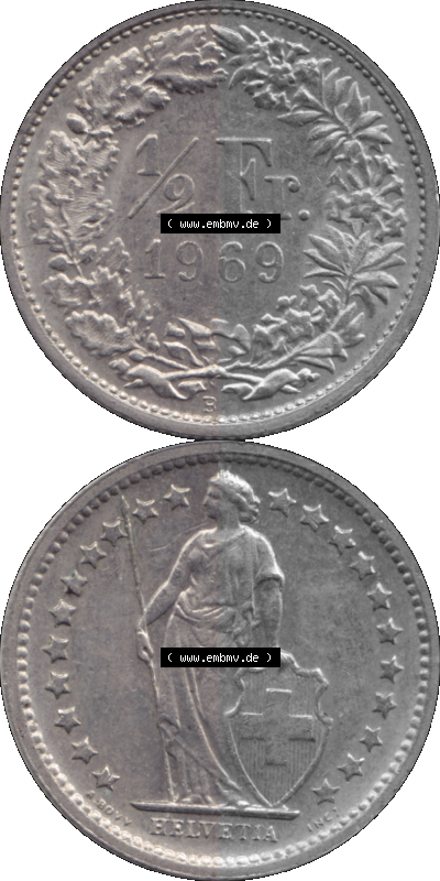 Schweiz in original Farbgebung vom Scanner transparenten PNG 1968-1982, 1/2 (halber) Franken B 1969 (Stück 3) Sammlung