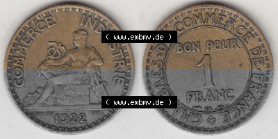 Münze Frankreich Umlaufmünzen Sammlung in PNG 1922-1927, 1 Franken, BON POUR One Franc, 1922 (Stück 2) CHAMBRES DE COMMERCE... Sammlung