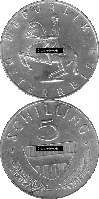 5 / Fünf Schilling Österreich in s/w Schwarzweiß bzw. Graustufen Farbgebung von Scanner transparenten PNG 1960-1968, 5 Fünf... Sammlung