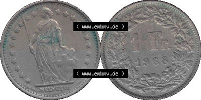 Schweiz in original Farbgebung vom Scanner transparenten PNG 1968-1982, 1 Franken B 1968 (Stück 4) Sammlung