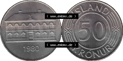 Island Umlaufmünze 1970-1980, 50 Kronur 1980 (Stück 1), 50 Isländische Kronen Sammlung