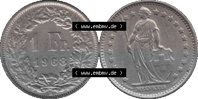 Schweiz in original Farbgebung vom Scanner transparenten PNG 1968-1982, 1 Franken B 1968 (Stück 3) Sammlung