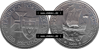 Alte Gedenkmünze aus Portugal als PNG-Grafik 1989, 100 Escudos, 1420 Madeira Porto Santo 1419 Sammlung