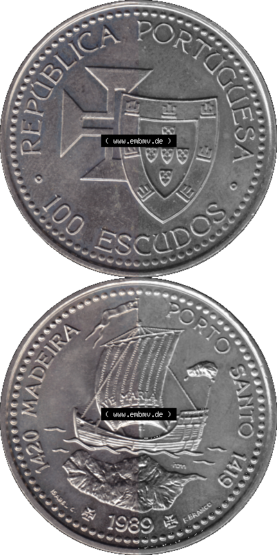 Alte Gedenkmünze aus Portugal als PNG-Grafik 1989, 100 Escudos, 1420 Madeira Porto Santo 1419 Sammlung