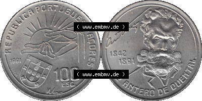 Alte Gedenkmünze aus Portugal als PNG-Grafik 1991, 100 Escudos, Antero de Quental, 1842-1891 Sammlung