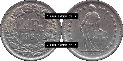 Schweiz in original Farbgebung vom Scanner transparenten PNG 1968-1982, 1/2 (halber) Franken B 1968 (Stück 1) Sammlung