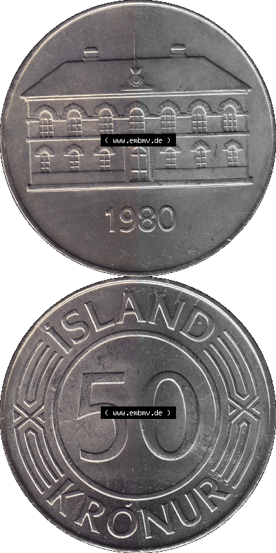 Island Umlaufmünze 1970-1980, 50 Kronur 1980 (Stück 1), 50 Isländische Kronen Sammlung