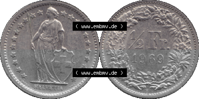 Schweiz in original Farbgebung vom Scanner transparenten PNG 1968-1982, 1/2 (halber) Franken B 1969 (Stück 3) Sammlung