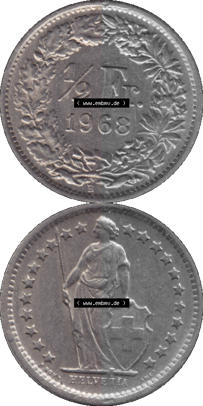 Schweiz in original Farbgebung vom Scanner transparenten PNG 1968-1982, 1/2 (halber) Franken B 1968 (Stück 3) Sammlung
