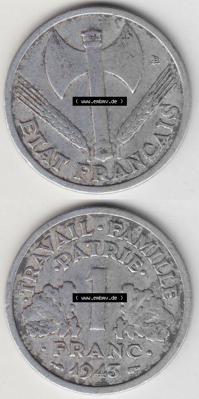 Münze Frankreich Umlaufmünzen Sammlung in PNG 1942-1944, 1 Franken - Francs 1943 (Stück 1) (4) - Digitales Münzen-Bildmaterial... Sammlung