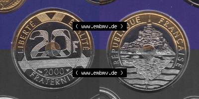 Münze Frankreich aus KMS Umlaufmünzen Sammlung in PNG 2000, 20 Francs (3) - Digitales Münzen-Bildmaterial einer französischen... Sammlung