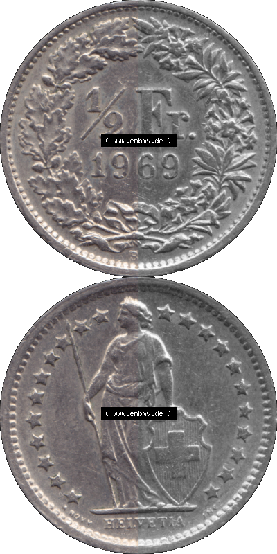 Schweiz in original Farbgebung vom Scanner transparenten PNG 1968-1982, 1/2 (halber) Franken B 1969 (Stück 1) Sammlung