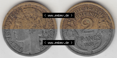 Münze Frankreich Umlaufmünzen Sammlung in PNG 1931-1941, 2 Franken 1938 (Stück 2) LIBERTE EGALITE FRATERNITE (3) - Digitales... Sammlung