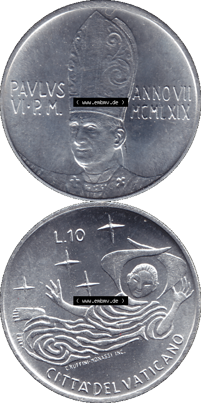 Alte Münze aus der Vatikanstadt / Vatikan als PNG-Grafik 1969-1969, 10 Zehn Lire, mit Engel-Darstellung Papst Paul VI. 1969 Sammlung