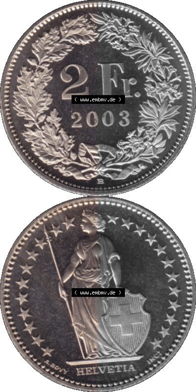 KMS Schweiz in original Farbgebung vom Scanner transparenten PNG 1983-2018, 2 Franken 2003 Sammlung