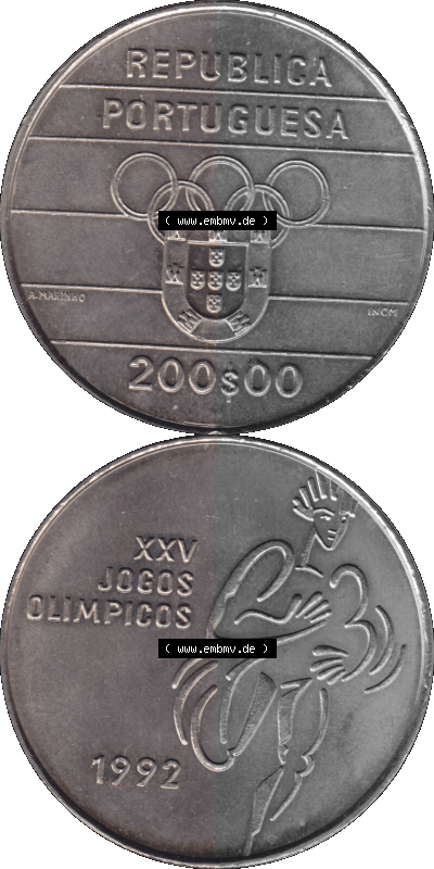 Alte Gedenkmünze aus Portugal als PNG-Grafik 1992, 200 Escudos, XXV Jogos Olimpicos Sammlung