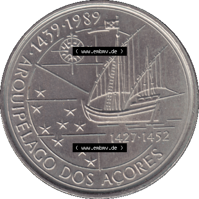 'Alte Gedenkmünze aus Portugal als PNG-Grafik 1989, 100 Escudos, Arouipelago Dos Acores, 1439-1989. Rückseite der portugiesischen... Sammlung