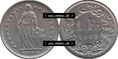 Schweiz in original Farbgebung vom Scanner transparenten PNG 1968-1982, 1 Franken B 1968 (Stück 1) Sammlung
