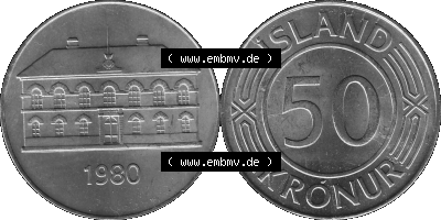 Island Umlaufmünze 1970-1980, 50 Kronur 1980 (Stück 1), 50 Isländische Kronen Graustufen Sammlung