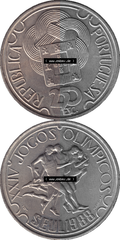 Alte Gedenkmünze aus Portugal als PNG-Grafik 1988, 250 Escudos, XXIV Jogos Olimpicos Seul 1988, Olympiade Sammlung