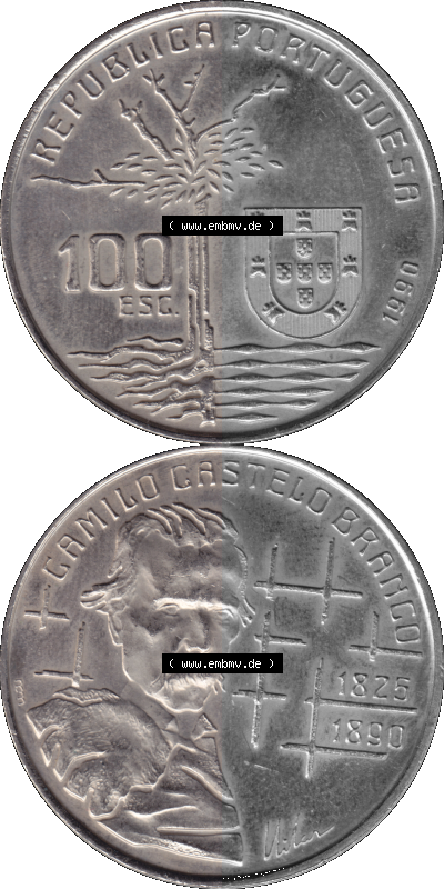 Alte Gedenkmünze aus Portugal als PNG-Grafik 1990, 100 Escudos, Camilo Castelo Braiico Sammlung