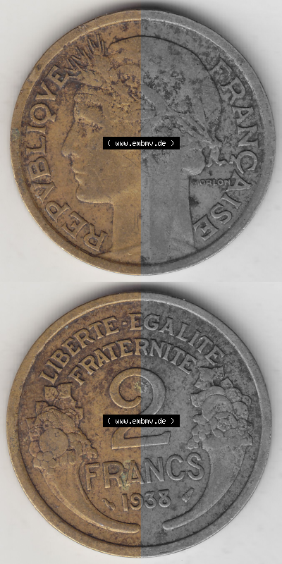 Münze Frankreich Umlaufmünzen Sammlung in PNG 1931-1941, 2 Franken 1938 (Stück 2) LIBERTE EGALITE FRATERNITE (4) - Digitales... Sammlung