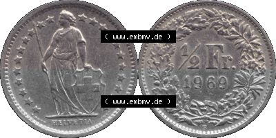 Schweiz in original Farbgebung vom Scanner transparenten PNG 1968-1982, 1/2 (halber) Franken B 1969 (Stück 1) Sammlung