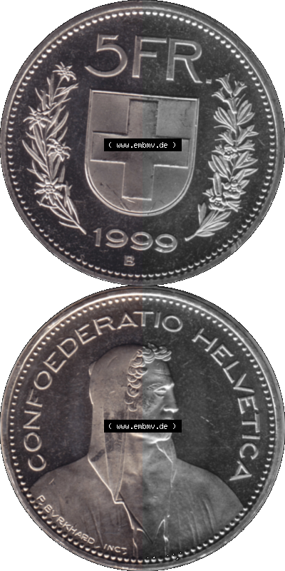 KMS Schweiz in original Farbgebung vom Scanner transparenten PNG 1994-2018, 5 Franken 1999 Sammlung