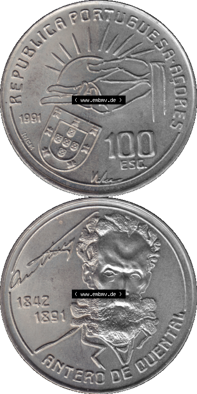 Alte Gedenkmünze aus Portugal als PNG-Grafik 1991, 100 Escudos, Antero de Quental, 1842-1891 Sammlung