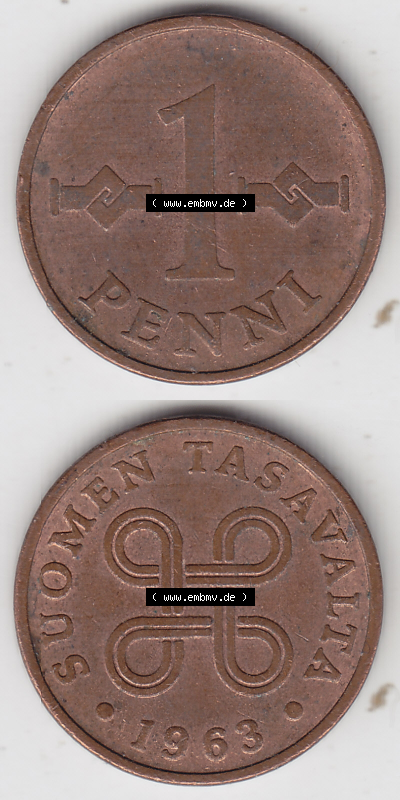Münze Finnland / SUOMI Umlaufmünzen Sammlung in PNG 1963-1969, 1 Penni 1963 (4) - Digital Münzen-Bildmaterial einer Münze... Sammlung