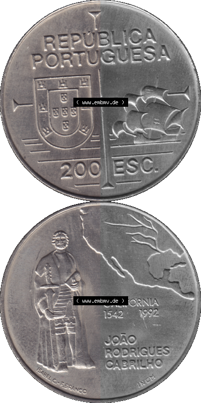 Alte Gedenkmünze aus Portugal als PNG-Grafik 1992, 200 Escudos, California 1542, Joao Rodrigues Cabrilho Sammlung