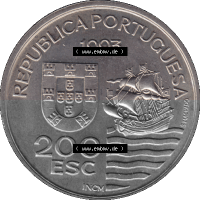Alte Gedenkmünze aus Portugal als PNG-Grafik 1993, 200 Escudos, Enviados Daimios Kiushu Sammlung