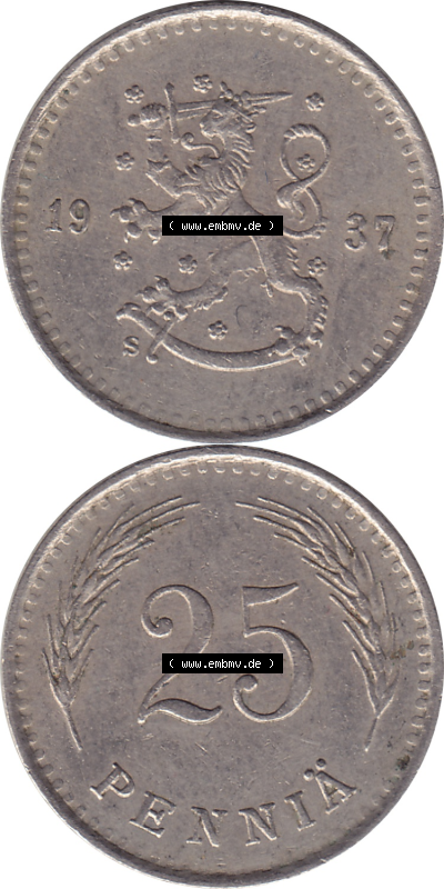 Münze Finnland / SUOMI Umlaufmünzen Sammlung in PNG 1921-1940, 25 Penny, Penniä 1937 (8) - Digital Münzen-Bildmaterial einer... Sammlung