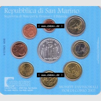 San Marino Euromünzen 2003-2003 San Marino offizieller KMS bzw. Kursmünzensatz mit Euromünzen von 1 Cent bis 2 Euro und eine 5 Euro Silbermünze / Silber-Sondermünze,... Sammlung