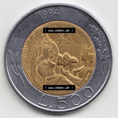 San Marino vor Euro 1994-1994, 500 Lire Gedenkmünze aus San Marino zum Ausgabethema Steinmetz mit Hammer und Meißel Rauchtürme (2) Sammlung