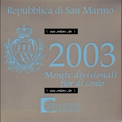 San Marino Euromünzen 2003-2003 San Marino offizieller KMS bzw. Kursmünzensatz mit Euromünzen von 1 Cent bis 2 Euro und eine 5 Euro Silbermünze / Silber-Sondermünze,... Sammlung