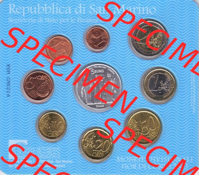 San Marino Euromünzen 2003-2003 San Marino offizieller KMS bzw. Kursmünzensatz mit Euromünzen von 1 Cent bis 2 Euro und eine 5 Euro Silbermünze / Silber-Sondermünze,... Sammlung