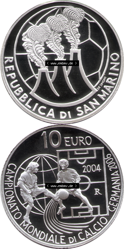 San Marino Euromünze 2004-2004, 10 Euro Fußball-WM 2006 in Deutschland, Silber-Diptychon. Vorderseite und Rückseite der Münze... Sammlung