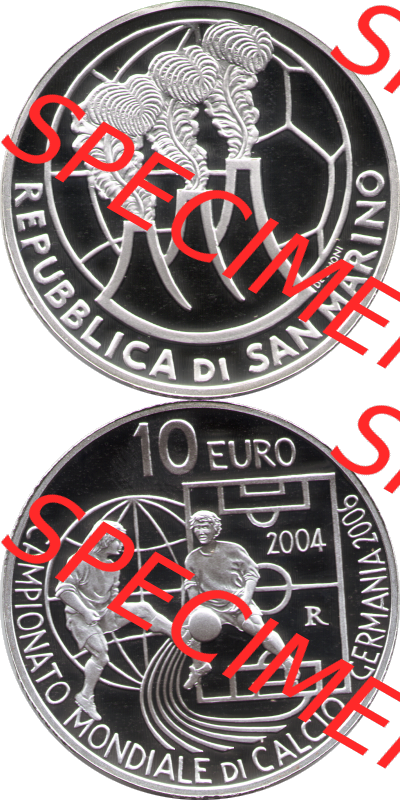 San Marino Euromünze 2004-2004, 10 Euro Fußball-WM 2006 in Deutschland, Silber-Diptychon. Vorderseite und Rückseite der Münze mit Wert-Angabe vertikal untereinander... Sammlung