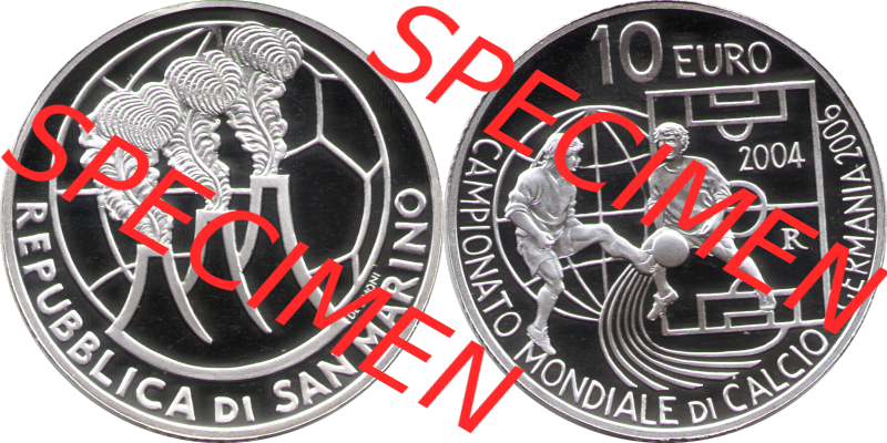 San Marino Euromünze 2004-2004, 10 Euro Fußball-WM 2006 in Deutschland, Silber-Diptychon. Vorderseite und Rückseite der Münze mit Wert-Angabe horizontal nebeneinander... Sammlung