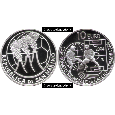 San Marino Euromünze 2004-2004, 10 Euro Fußball-WM 2006 in Deutschland, Silber-Diptychon. Vorderseite und Rückseite der Münze mit Wert-Angabe horizontal nebeneinander... Sammlung